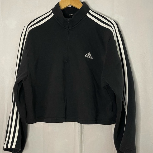 Adidas Womens Cropped Half Zip Hoodie Pullover Sweatshirt Wide Sleeve black - Picture 1 of 5